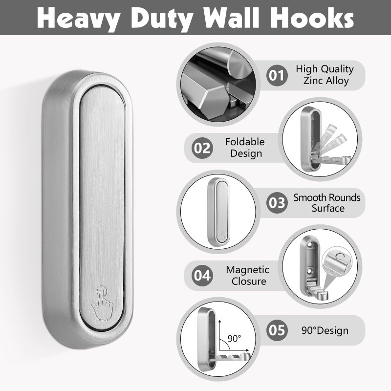 Dntorx Folding Coat Hooks, 2 Pcs Foldable Silver Wall Hooks Heavy Duty Foldable Hook Bathroom Towel Hooks Robe Hooks Wall Mounted for Hanging Coat Towels Clothes Hat Bags Keys - Image 2